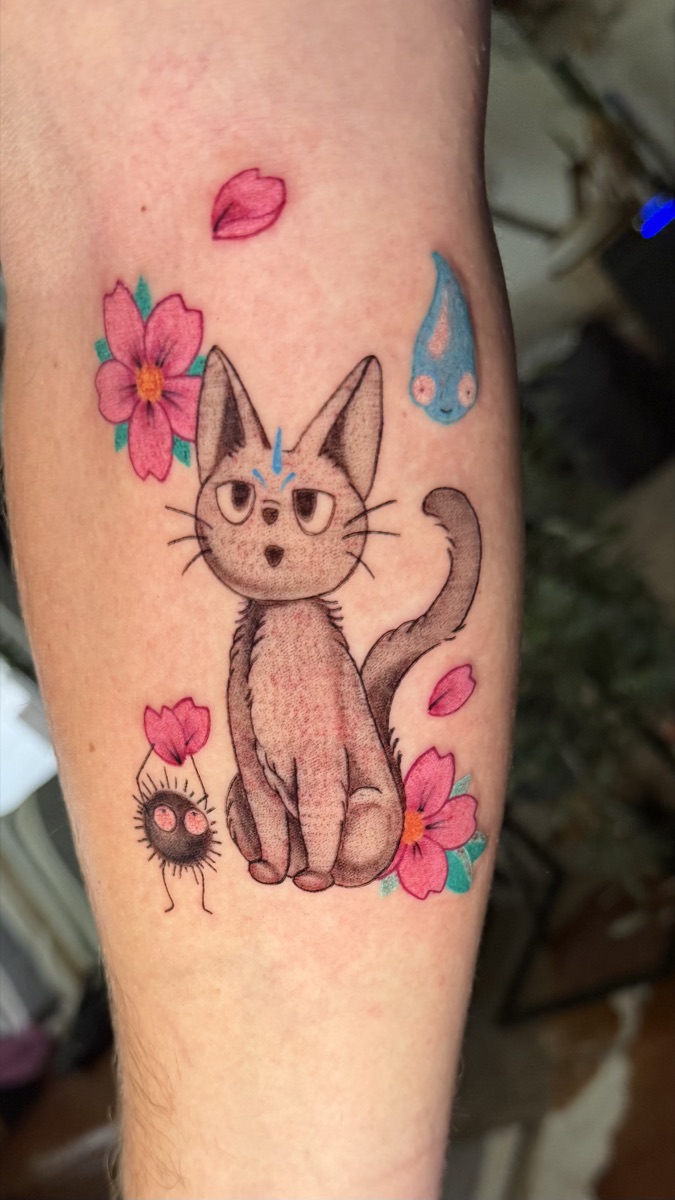 Anime cat with pink flowers, playful tattoo by Cat Bernardy