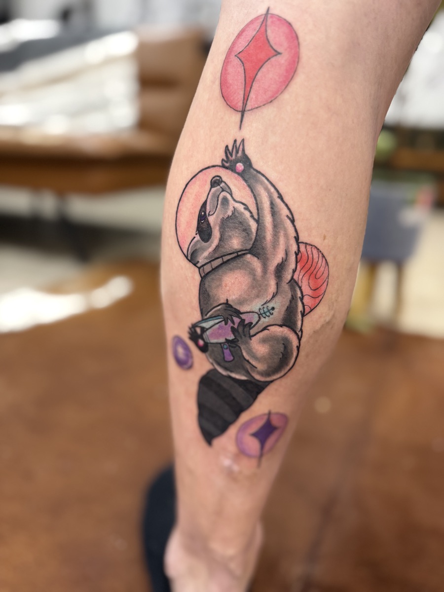 Playful character tattoo by Cat Bernardy
