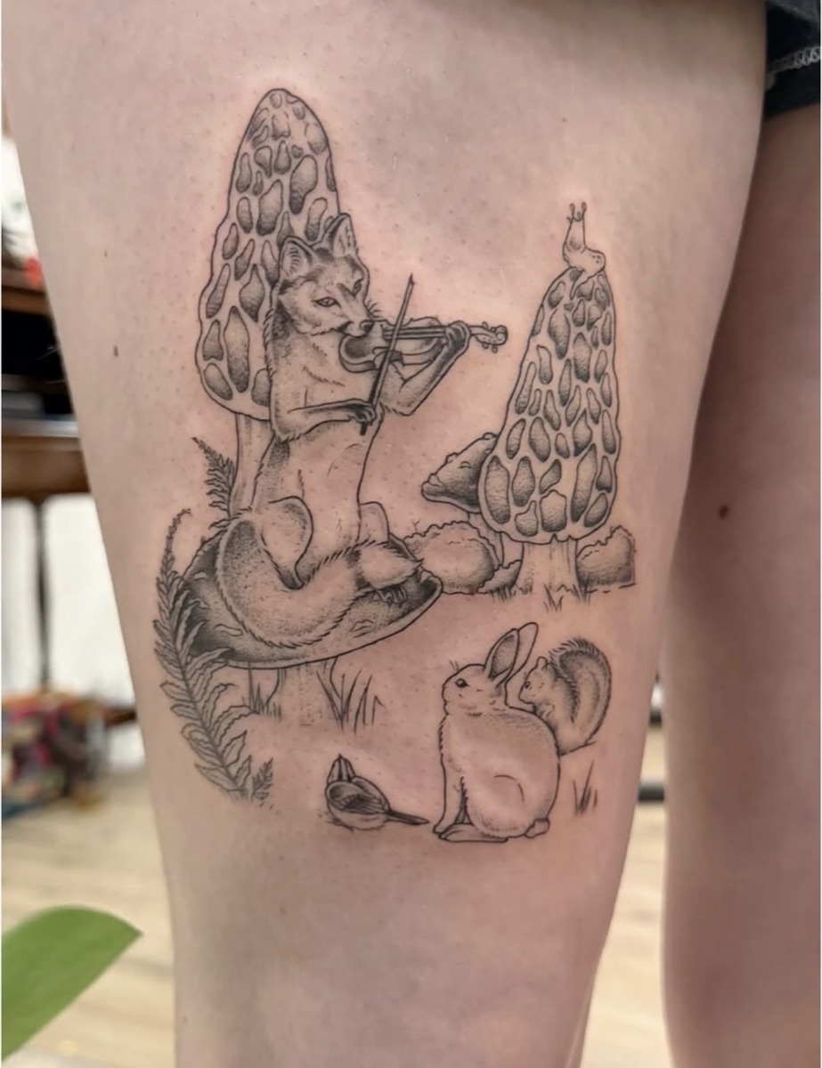 Woodland scene with mushrooms — fine line tattoo by Samantha Gunning