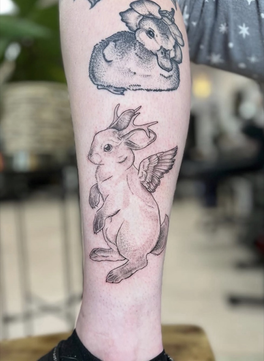 Black and grey fine line tattoo by Samantha Gunning